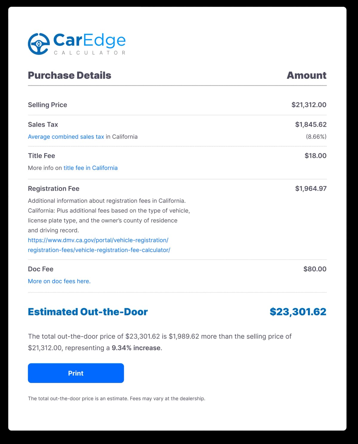 OTD Price Calculator interface