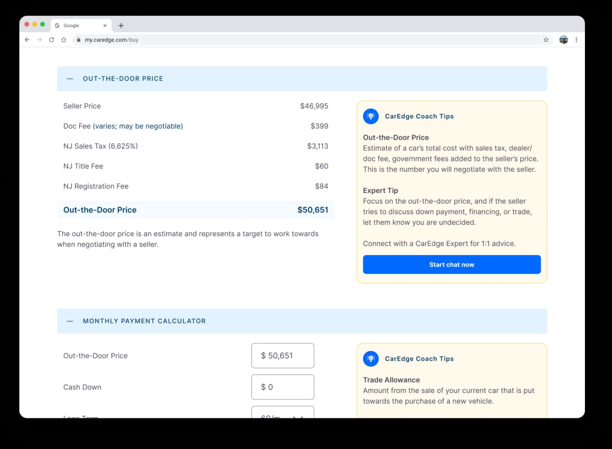Vehicle listing with OTD price automatically calculated