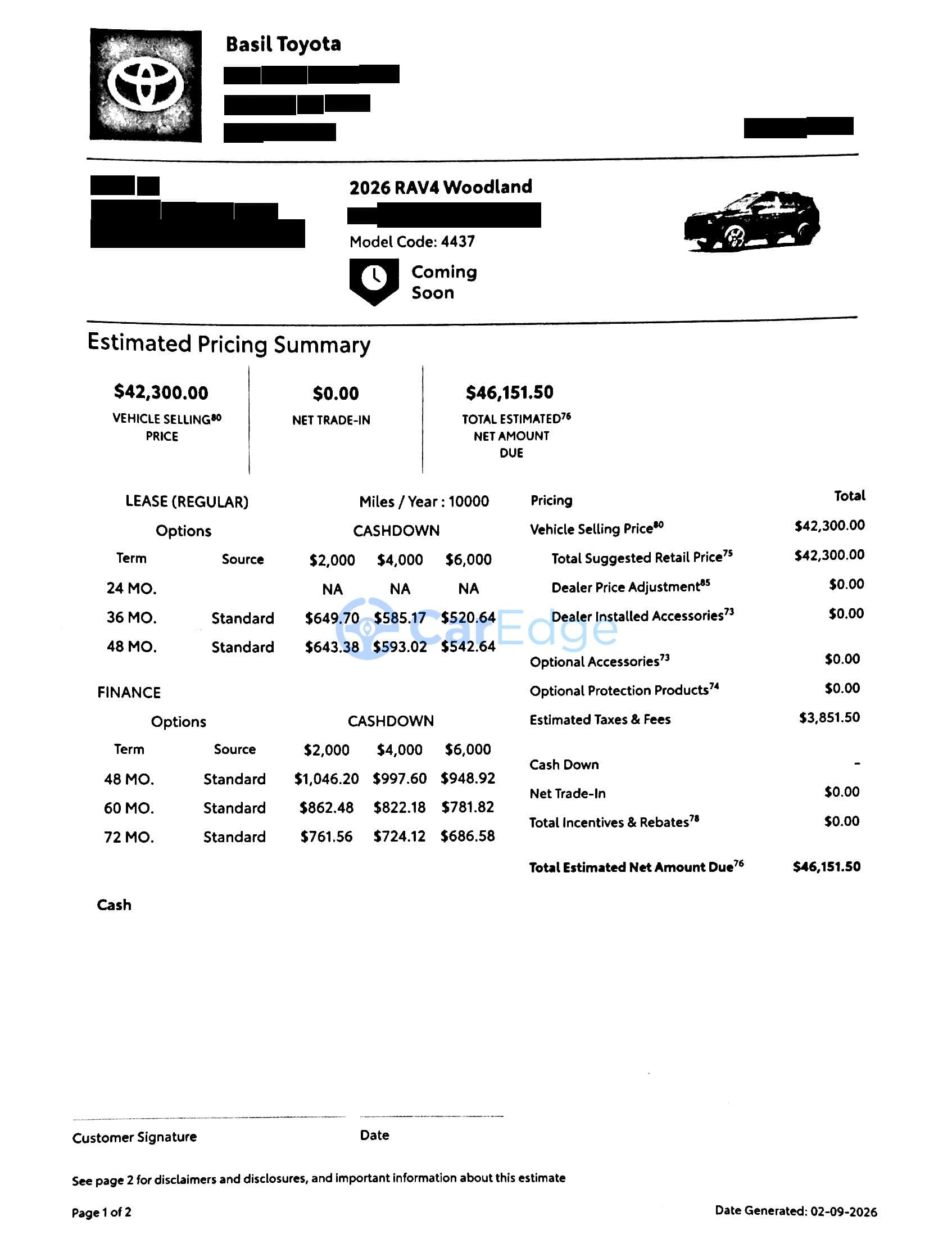 OTD quote from Basil Toyota