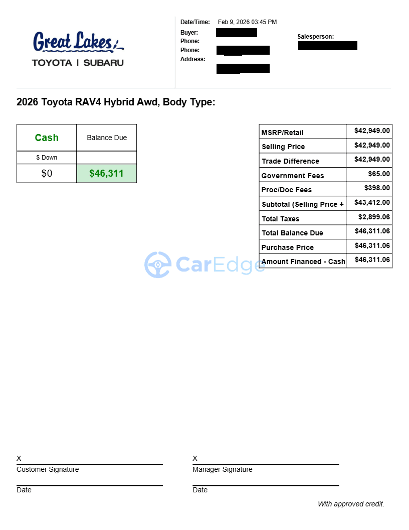 OTD quote from Great Lakes Toyota