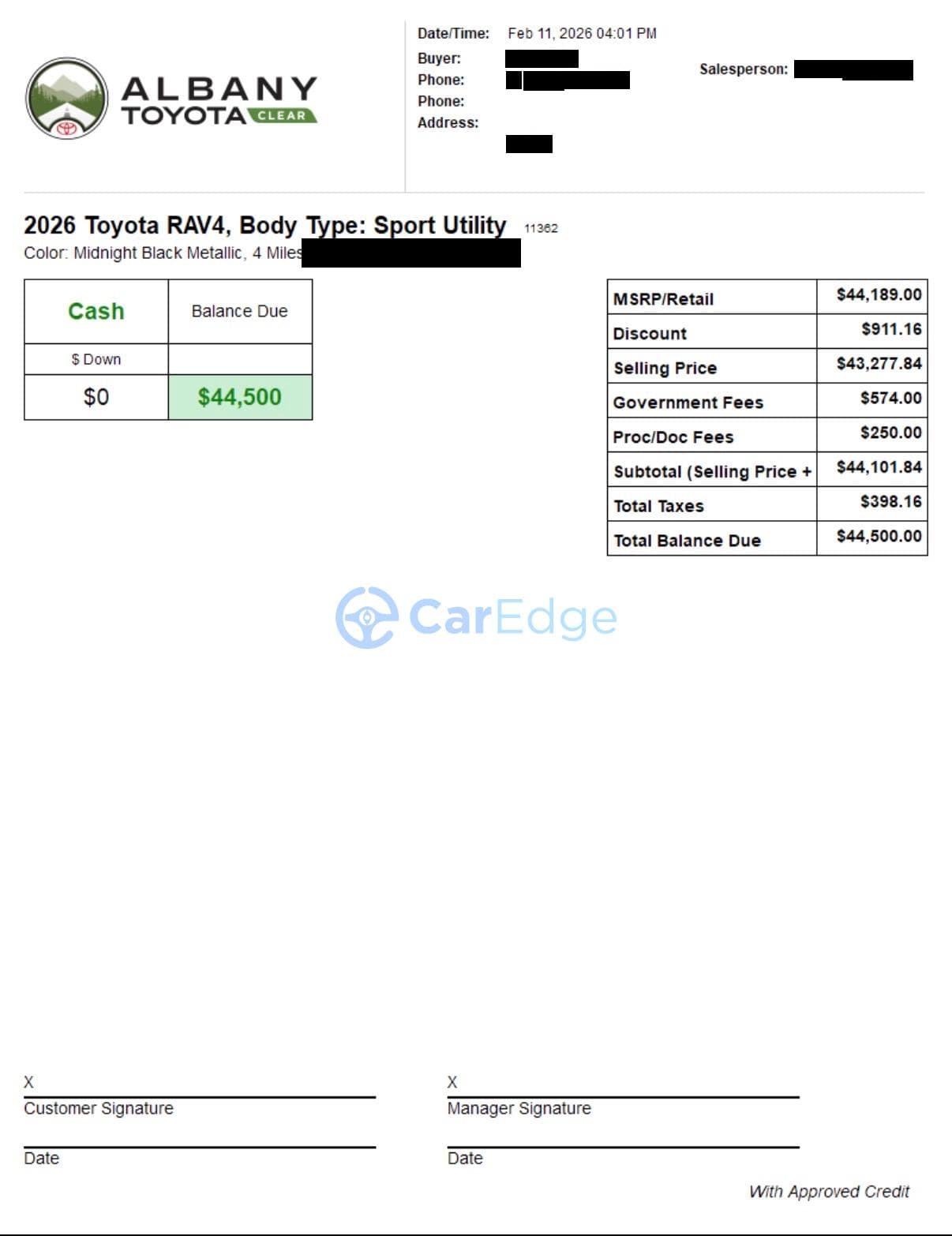 OTD quote from Albany Toyota