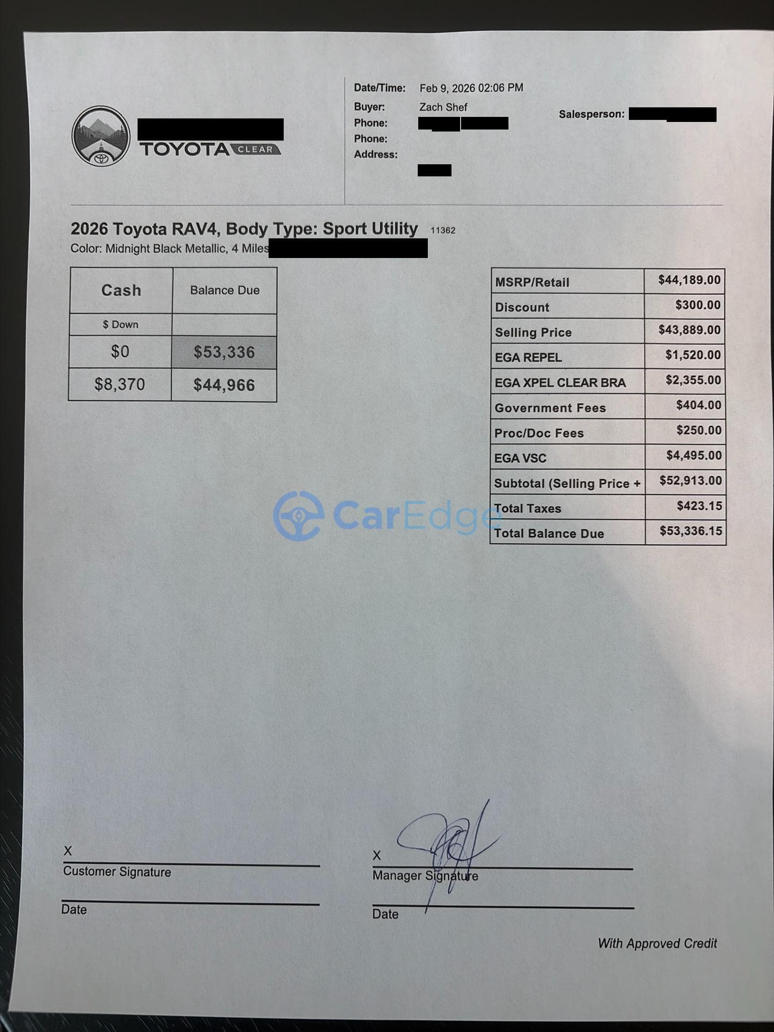 OTD quote from Toyota Clear