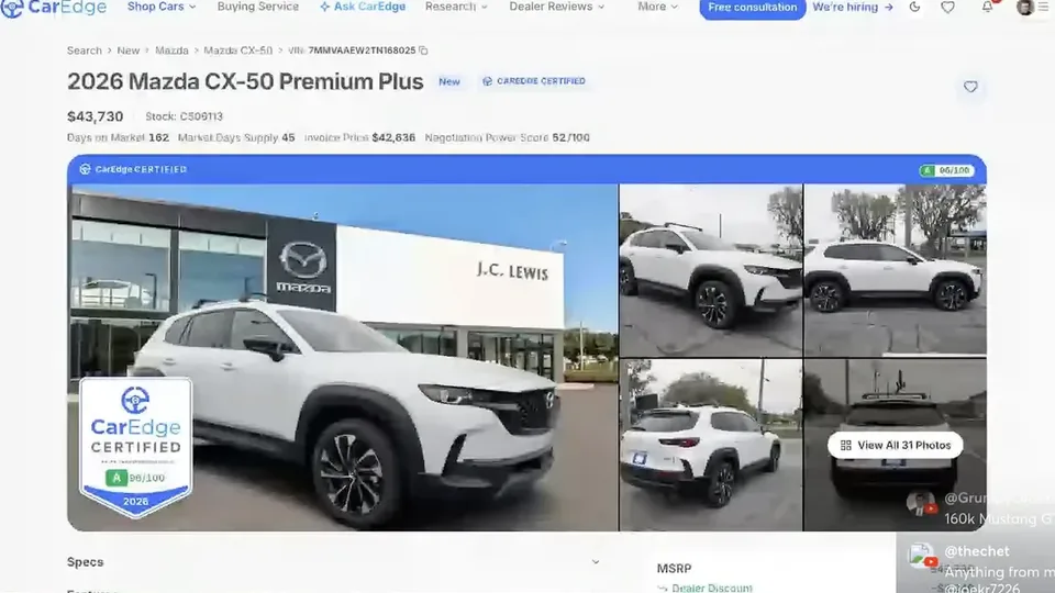 J.C. Lewis Mazda's CarEdge listing, with the CarEdge Certified badge, shown live on the CarEdge YouTube show