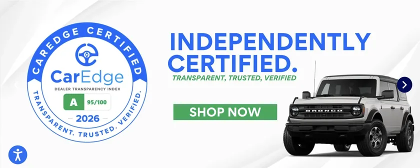 The Tim Moran Ford homepage hero banner: the CarEdge Certified seal, grade A, 95 out of 100, beside the headline “Independently certified. Transparent, trusted, verified.” and a Ford Bronco.
