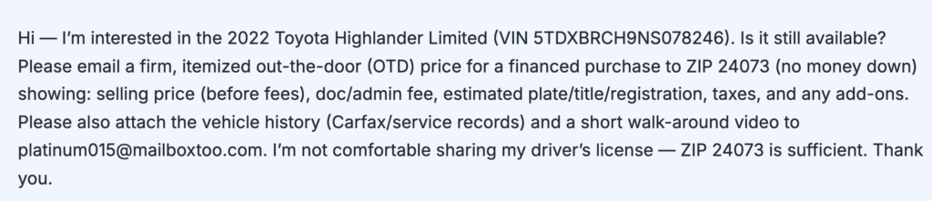 negotiating a used car via email template