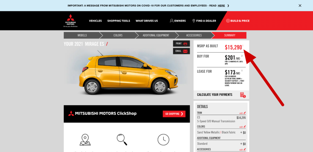 Mitsubishi Mirage Under $20,000