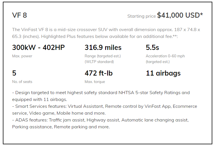 Vinfast VF8 specs