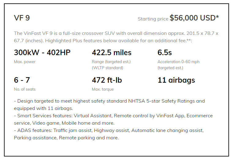 Vinfast VF9 specs